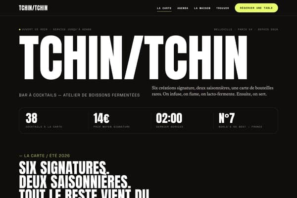 Page d'accueil du bar TchinDrink, titre TCHIN/TCHIN en grand sur fond sombre