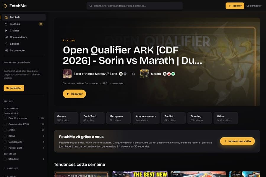 Interface de FetchMe avec la vidéo à la une et les catégories de gameplay