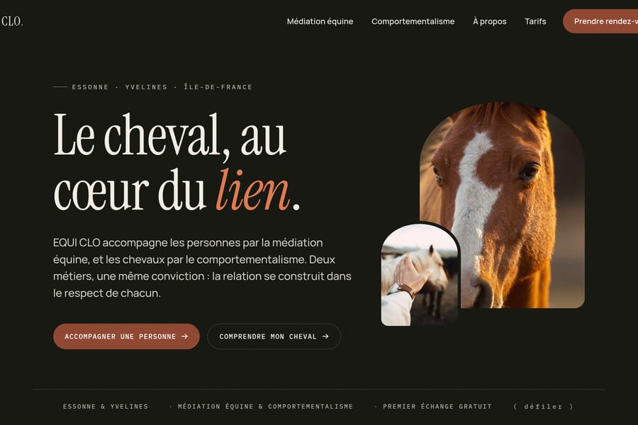 Accueil d'EQUI CLO avec un cheval et le titre « Le cheval, au cœur du lien »