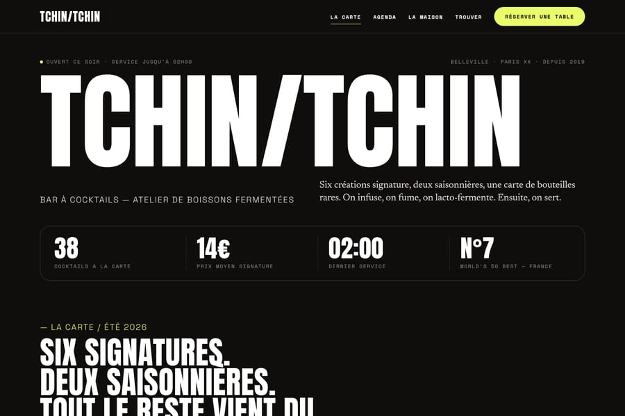 Accueil de TchinDrink : hero typographique et chiffres clés du bar
